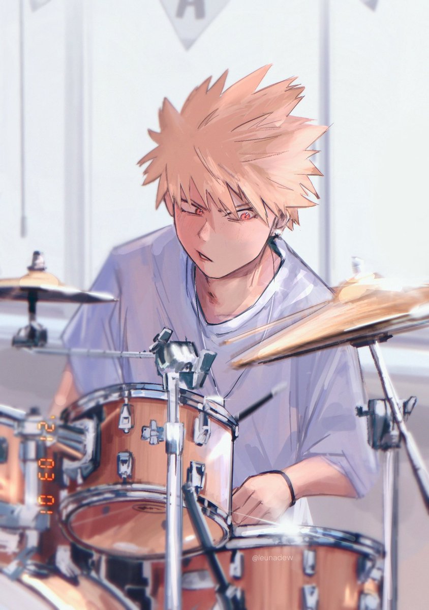 bakugou katsuki spiked hair 1boy male focus drum blonde hair shirt solo  illustration images