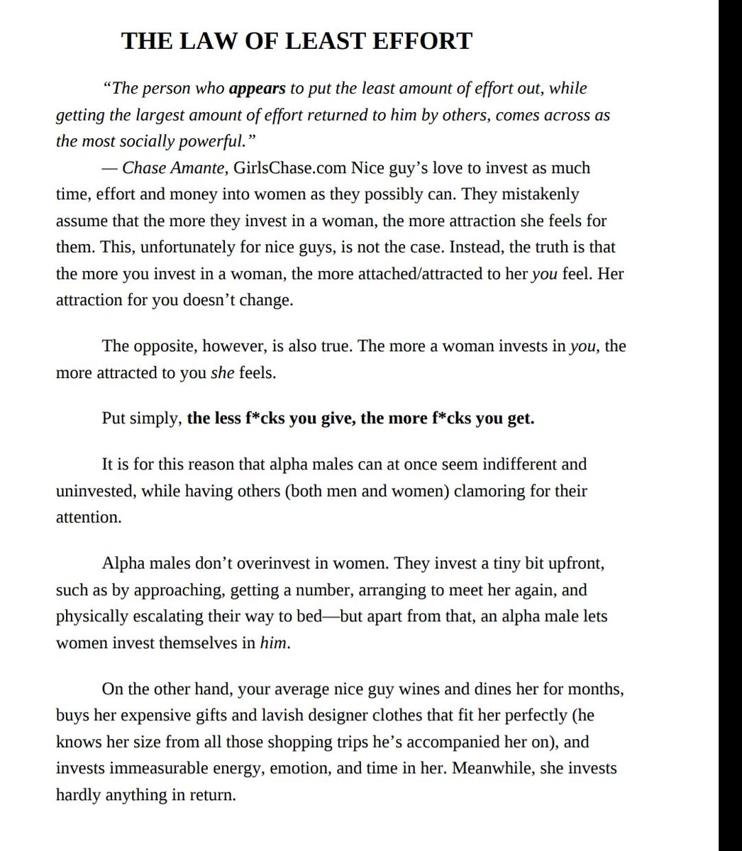 Kimjongun_Ke's tweet image. Don’t overinvest yourself in any one woman.
Instead, invest just enough for her to feel comfortable investing herself in you.
The more she invests in you, the more attracted to you she becomes.