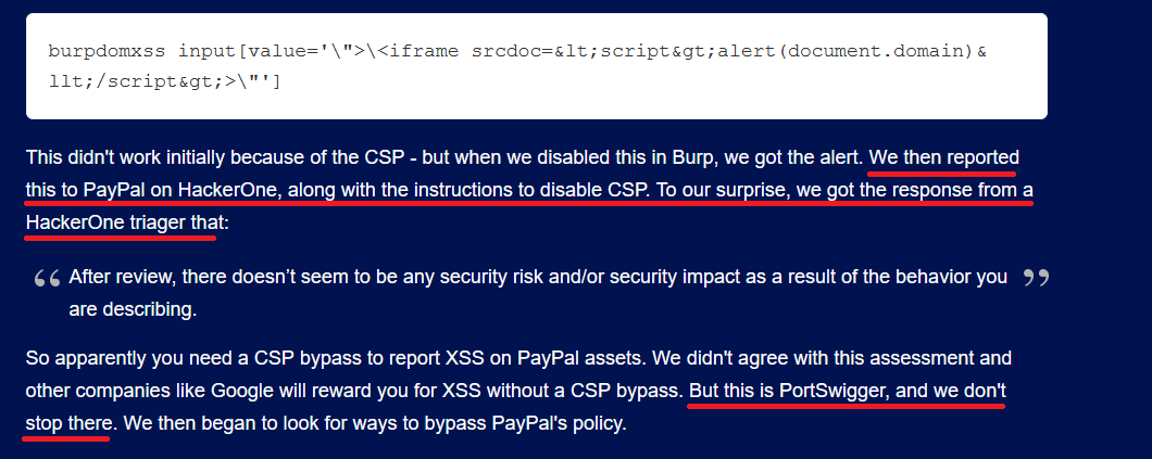 Musab1995's tweet photo. Paypal CSP Bypass (Y) -

https://t.co/WoWPGqPeL3

Love this attitude 
"But this is PortSwigger, and we don't stop there"

@garethheyes 

#bugbounty #domxss #cspBypass https://t.co/cCWBkzMJ0P