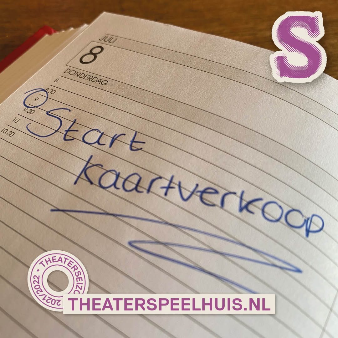 NOG EVEN, EN DAN... 💜 Heb jij 'm in je agenda staan? Op 8 juli om 09:00 uur is het zo ver! De kaartverkoop van theaterseizoen 21/22 gaat van start 🥳Bekijk het programma nu al via theaterspeelhuis.nl en zorg ervoor dat je klaar zit met je lijstje. #nieuwseizoen #startverkoop