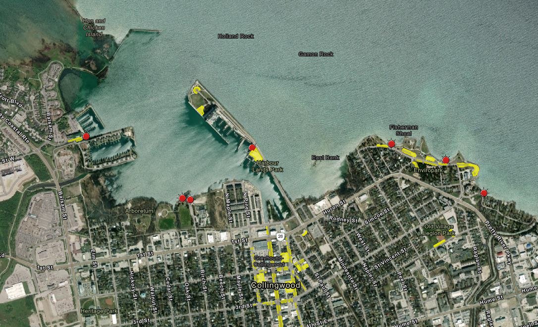 TownCollingwood's tweet photo. NEW! Interactive Parking and Waterfront Access points map. Red dots indicate access to waterfront. Click dots to see motorized, non-motorized boating/SUP access. Yellow areas indicate parking locations. https://t.co/ywEXPI9GW3
#waterfront #waterfrontaccess #boating #SUP https://t.co/phUEmtOamD