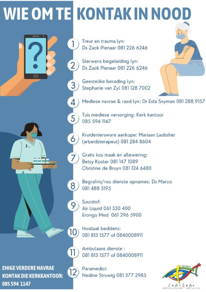 Hier is die NG Kerk Eros-gemeente in Windhoek, se inligtingsentrum met ‘n 24-uur Covid-hulplyn om Namibiërs van goeie raad en inligting te verskaf.