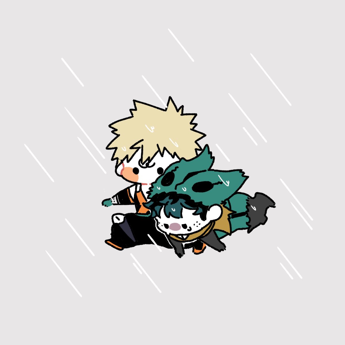 bakugou katsuki ,midoriya izuku multiple boys 2boys freckles rain male focus blonde hair green hair  illustration images