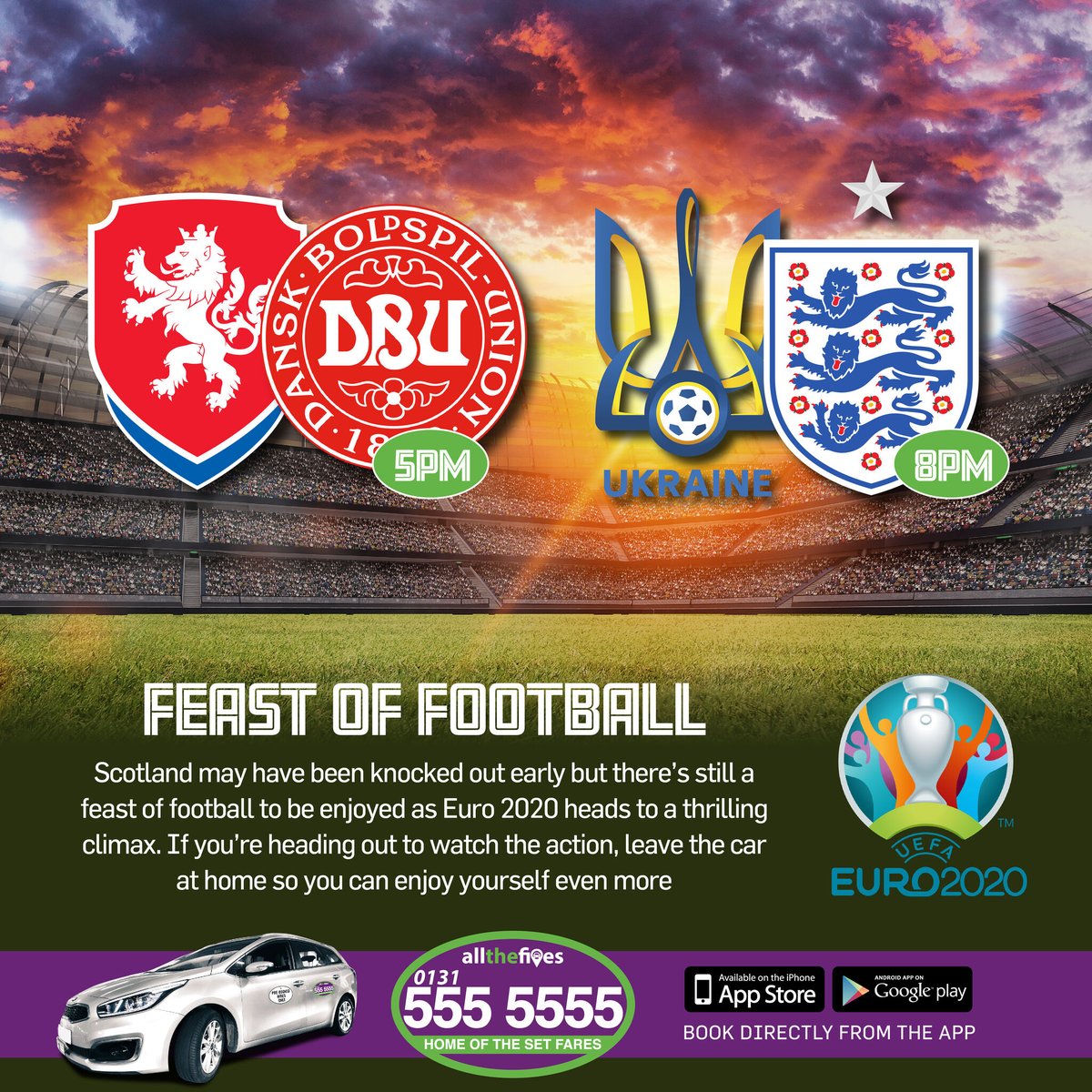 EdiPrivateHire's tweet photo. FEAST OF FOOTBALL ⚽⚽
Scotland may have been knocked out early but there’s still a feast of football to be enjoyed. If you’re heading out to watch the action... ⤵️
️📲→ Book on the App https://t.co/kngLRwRdcK.
☎️ → 0131 555 5555
#edinburgh #allthefives https://t.co/KuEClYzIYz
