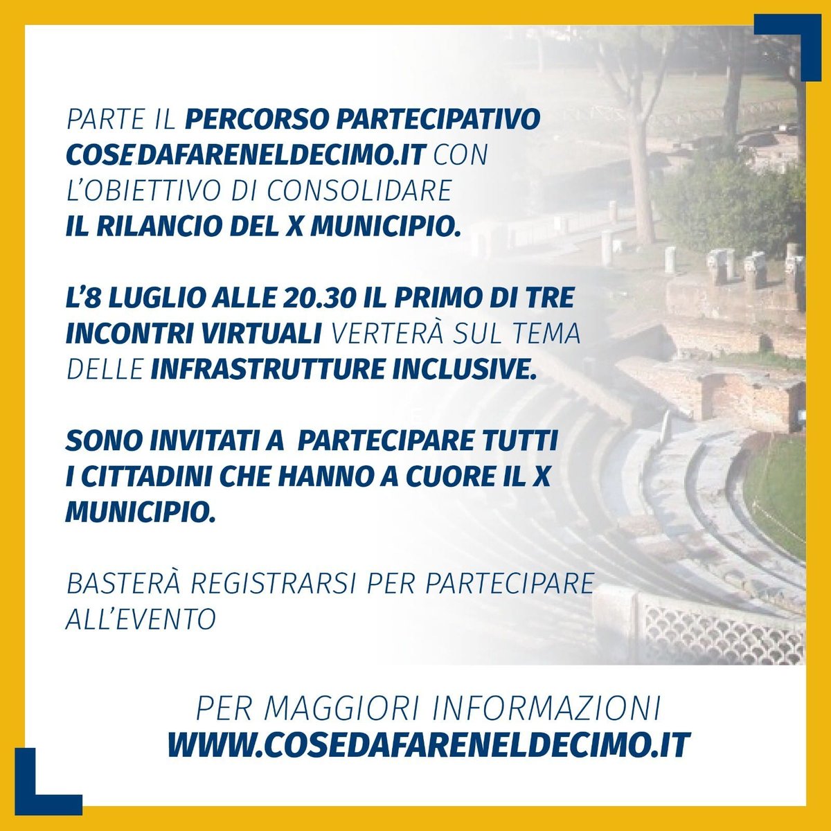 Parte il percorso partecipativo che abbiamo voluto chiamare  'Cose da fare nel decimo'. 

L’8 luglio alle 20.30 il primo di tre incontri virtuali verterà sul tema delle infrastrutture inclusive.
bit.ly/3AlEM66

Per maggiori informazioni cosedafareneldecimo.it