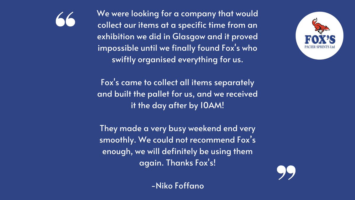 foxcouriers's tweet photo. #Pallet #delivery is a cost-effective and versatile transport solution, not only protecting the goods being delivered, but also the reputation of your business in delivering items quickly and safely.

Read this #fantastic #feedback from one of our satisfied customers.

🦊 https://t.co/Z2zxA0NKWr