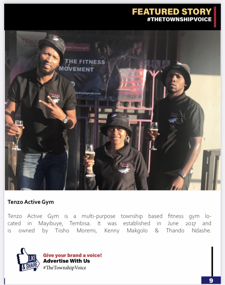 TenzoActiveGym's tweet photo. Tenzo Active Gym has been featured on the July Edition of The Township Voice 🙏🏽

Follow the link to read about our business story on page 9 &amp; 10  - https://t.co/LvTcRAr7oi

#tenzoactive #gym #townshipeconomy #workout #fitness #thetownshipvoice #lijmedia #supportlocalZA #youthZA https://t.co/Q5jdIuSEe2