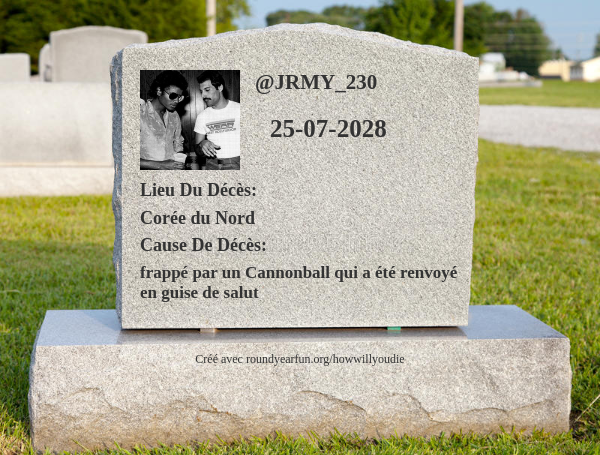 Jrmy230's tweet image. C'est comment et quand je vais mourir roundfun.me/howwillyoudie

⠀