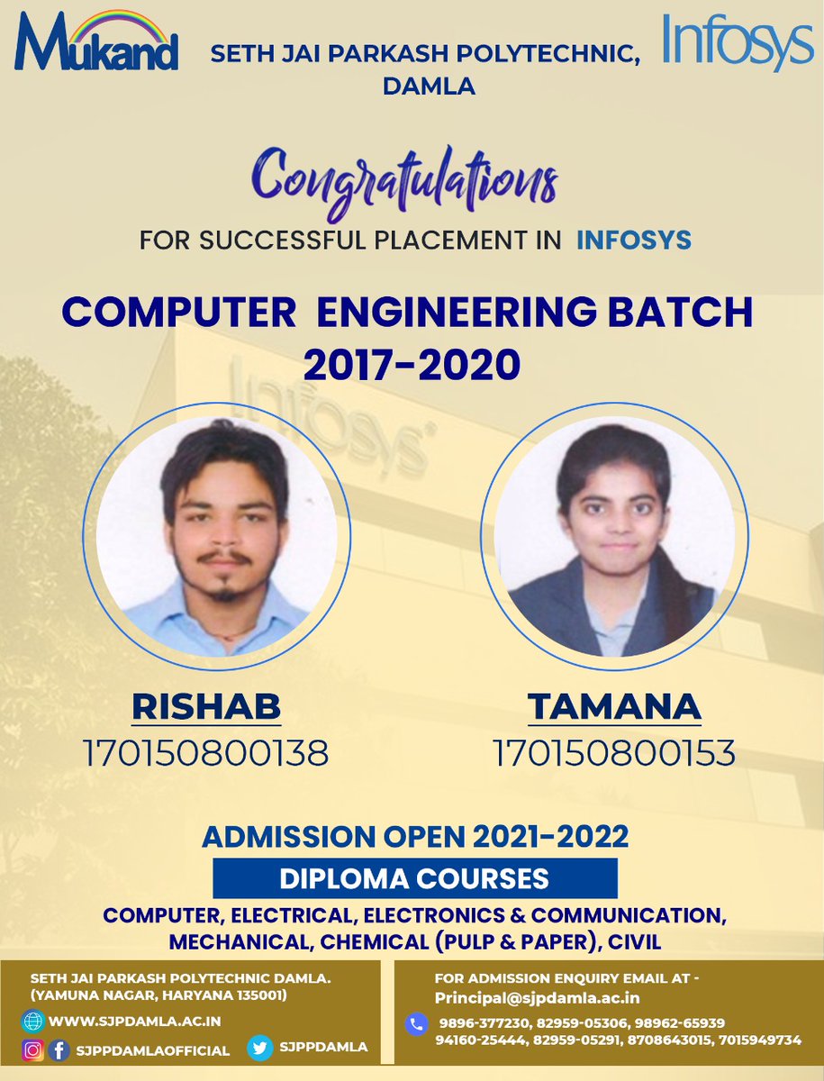 sjppdamla's tweet image. #SJPP proudly announce the successful placement of 2 more shining stars of #Computer_Engineering diploma batch 2017-20 in INFOSYS
Fill the following form for registration 2021-22:
forms.gle/4wVF5WQC6xVsPx…
#sjppdamla #bestpolytechnic #PolytechnicCollege...