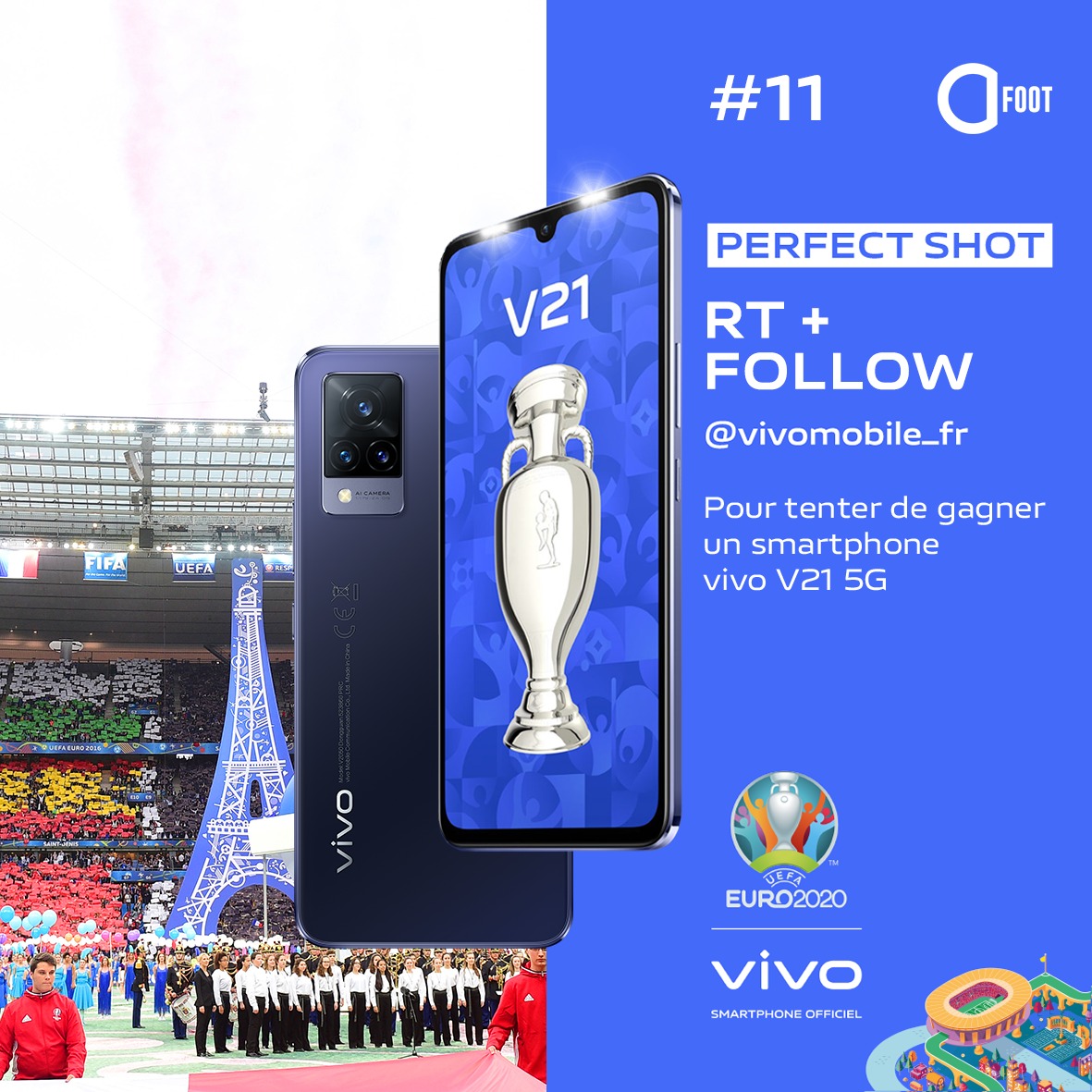 Un nouveau smartphone à gagner avec vivo pendant cet #EURO2020 ! 🔥  

🎁 1 Smartphone vivo V21 à gagner 📱 

🔁 RT + FOLLOW <a href="/vivomobile_fr/">vivo France</a>

🍀 Tirage au sort mardi 🤞