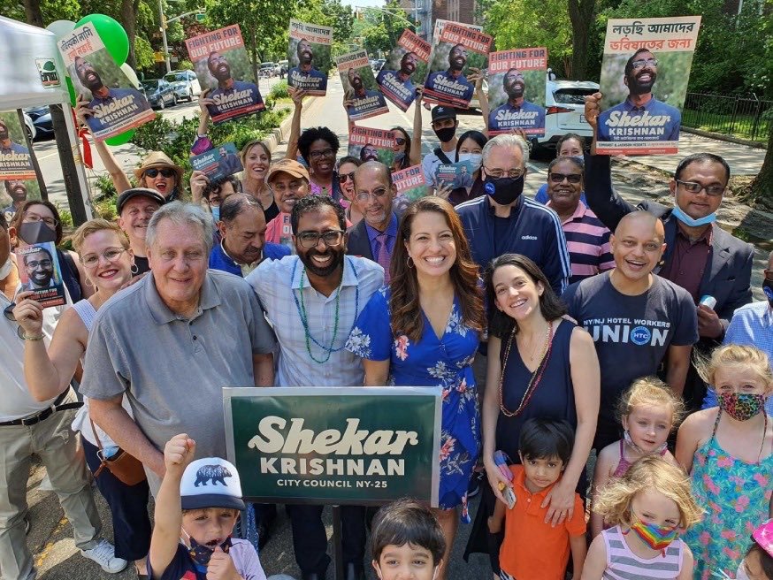 Congratulations <a href="/voteshekar/">Shekar Krishnan</a> on winning the Democratic Primary for the District 25 NYC Council seat I now occupy. RCV has you at 62% vs 38% for Chen. I call that a landslide! Proud that you will be the 1st Indian American elected to the Council after the November general election.