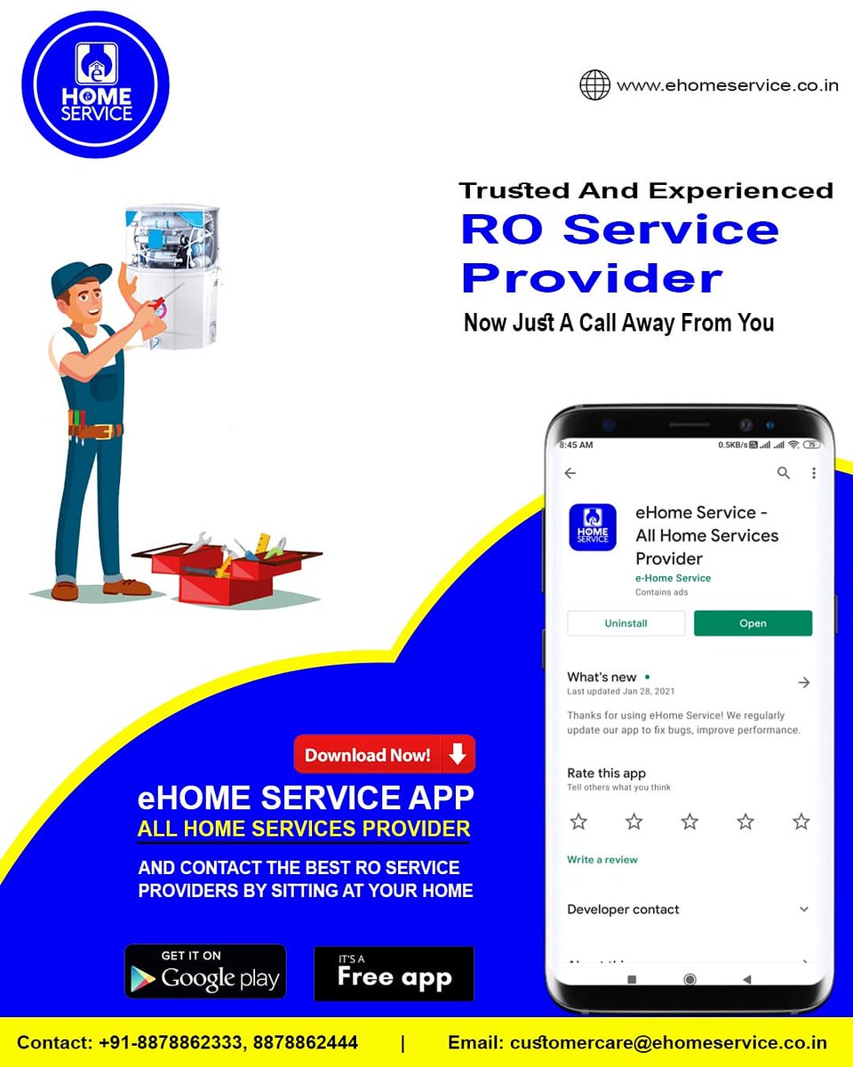 Now for any problem with issue solved by just one call... 
Yes we make easy for you to contact  RO service provider 

Now just Download the 'eHome Service App'
and contact and call RO service provider at your doorstep. 

#roserviceprovider #roservice #roserviceindia