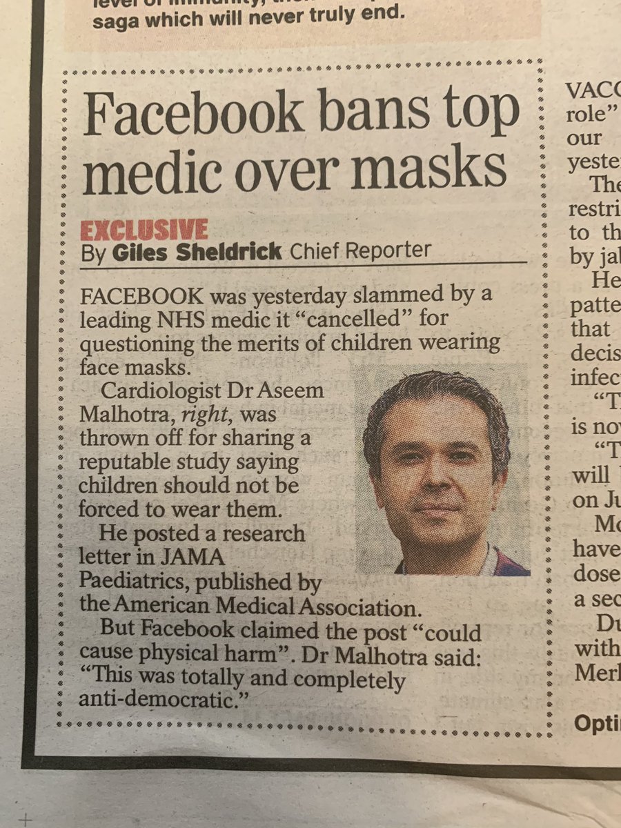 DrAseemMalhotra's tweet photo. Having been censored by Facebook for 24 hours for sharing verbatim the results of a study published in a high impact paediatric medical journal I’m back. Today in the Daily Express. Remember even if you’re a minority of one the truth is still the truth 😉

#InformedConsent https://t.co/bNHGDSfZHh