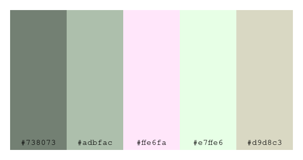 ColPaletteBot's tweet photo. Beep beep, here's a pretty color palette for you! 

color-scheme.js parameters used: 
- hue: 327
- variation: pale
- colors: #738073, #adbfac, #ffe6fa, #e7ffe6, #d9d8c3

Have a lovely day!

#twitterbot #colorpalette #colors #palette #prettycolors https://t.co/csFp133ik6