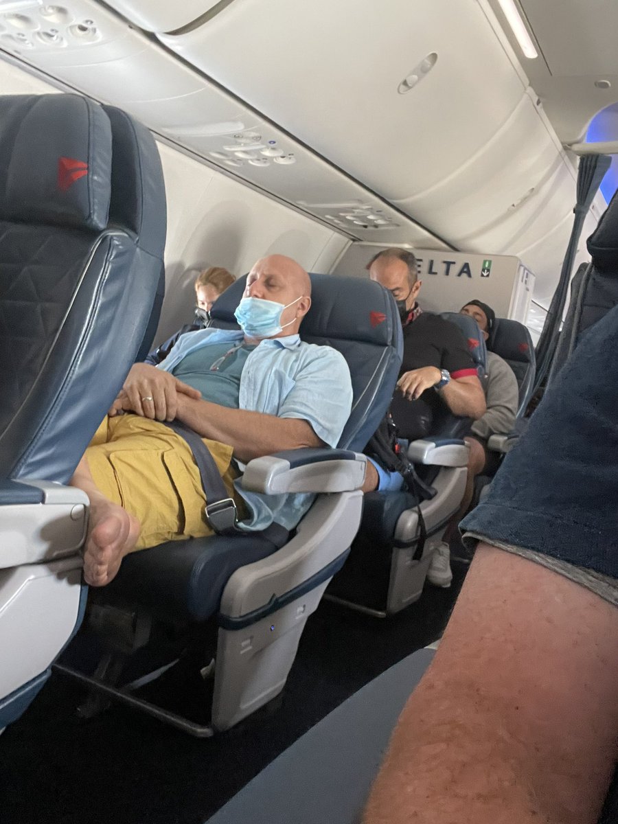 gsbrown3's tweet photo. @Delta I listened to the multiple annoucements about wearing your mask correctly but you seemed cool with this guy on our flight from Puerto Rico last night for 3 1/2 hours.  Really not cool. https://t.co/2cSMEJ3opb