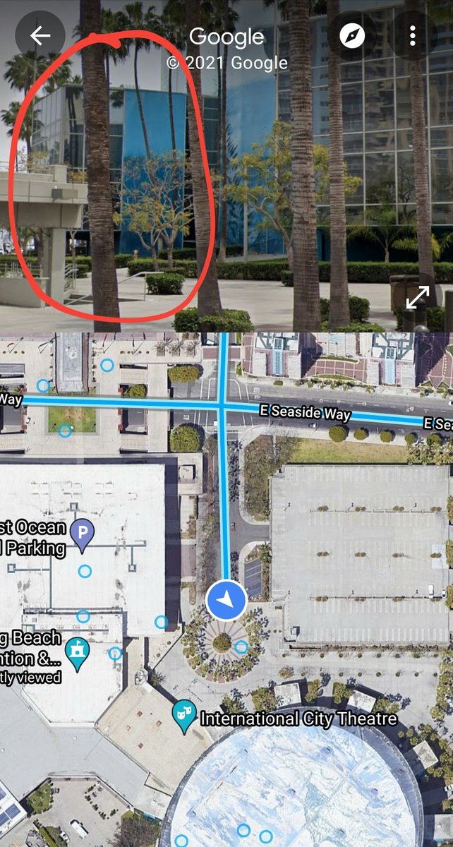 capnharris's tweet photo. So @bels_feast changed his cover photo this morning and the sleuths over at the forum believe they've figured it out. So far we think it is from the parking lot of Long Beach Arena. I took some Street View Screenshots circling important things to note https://t.co/wsxe0mhKv1