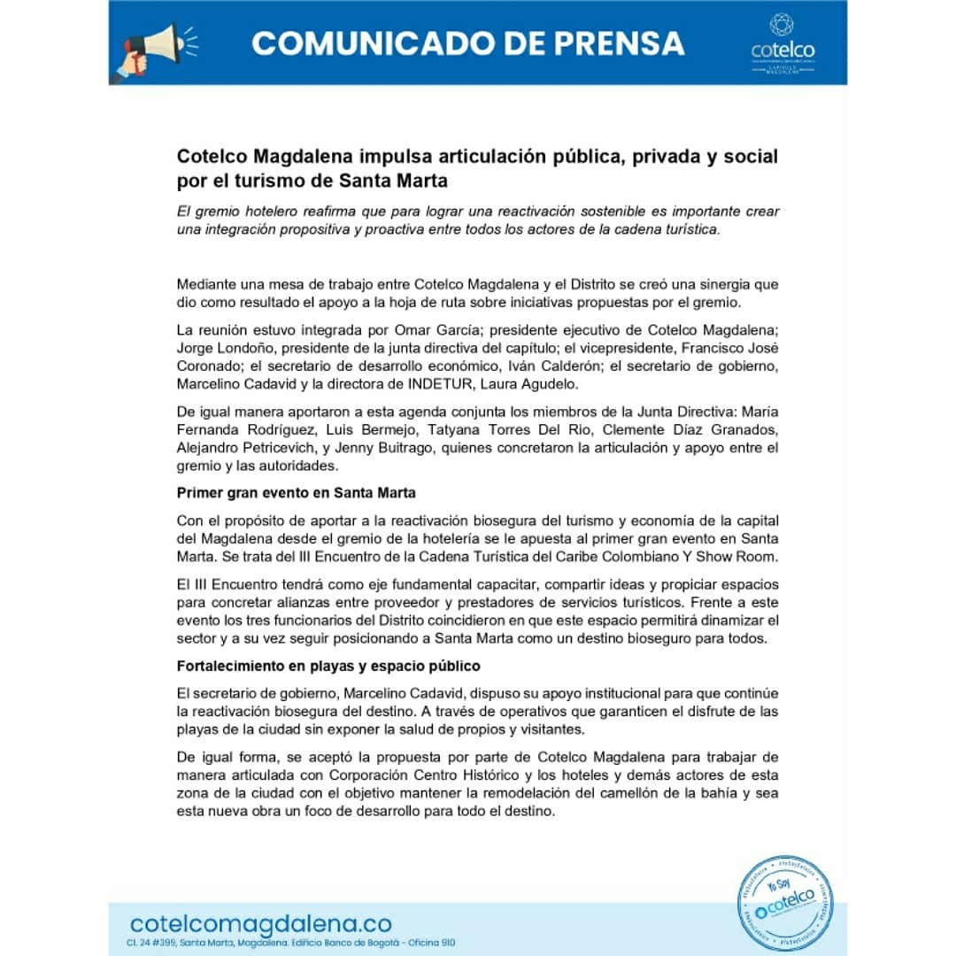 HotelesenSmr's tweet photo. COMUNICADO DE PRENSA | Cotelco Magdalena impulsa articulación pública, privada y social por el turismo de Santa Marta.
@DesarrolloSMR 
@secretariagob 
@INDETURSMR 
@SantaMartaDTCH 
#EncuentroTurísticoCaribe
#YoSoyCotelco https://t.co/fOHElwOFmO