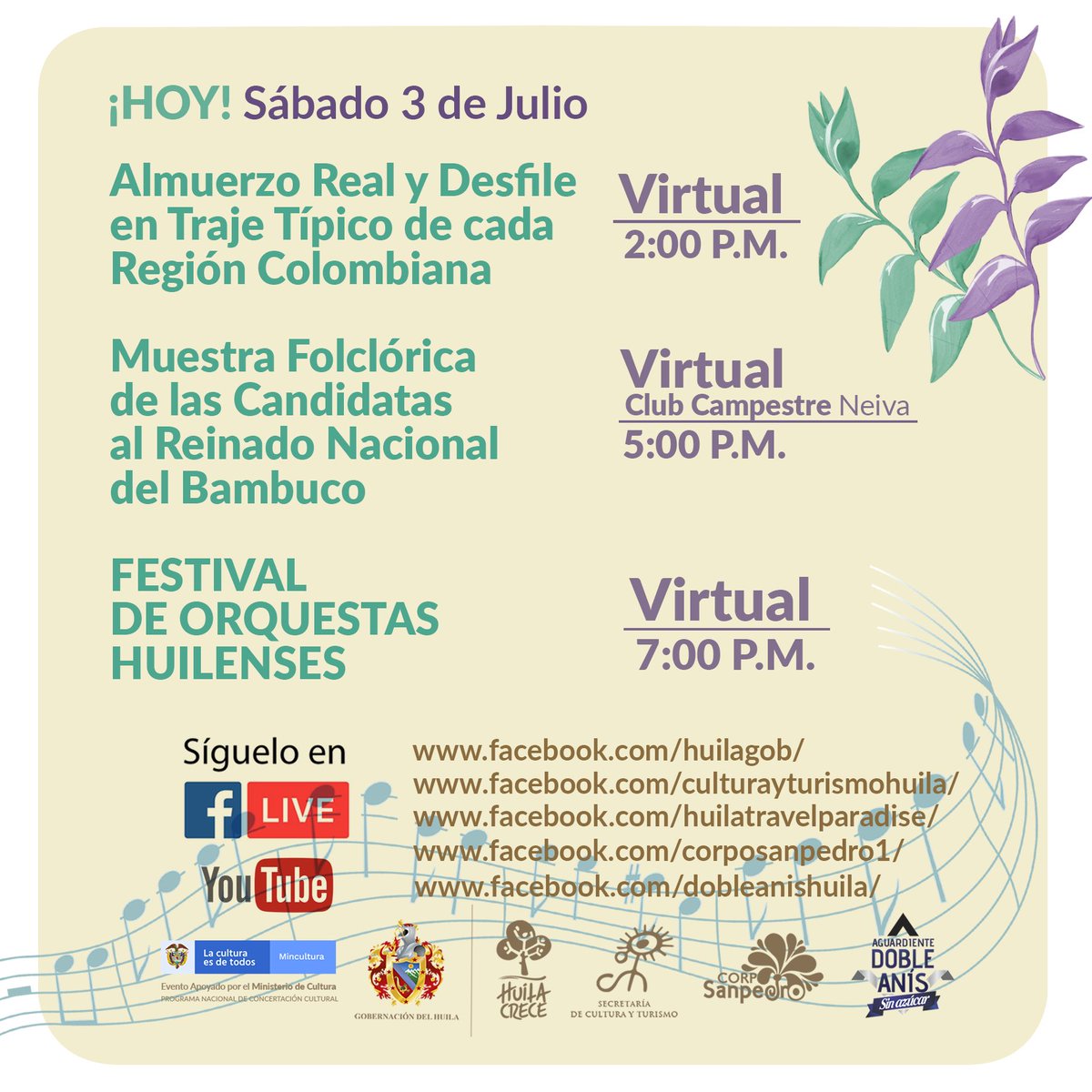 #FestivaldelBambuco 🎉Agéndate con el Festival 

¡Huila Crece con Cultura! 🌳🧡
👉🏽Brindo #DobleoNada con #AguardienteDobleAnís