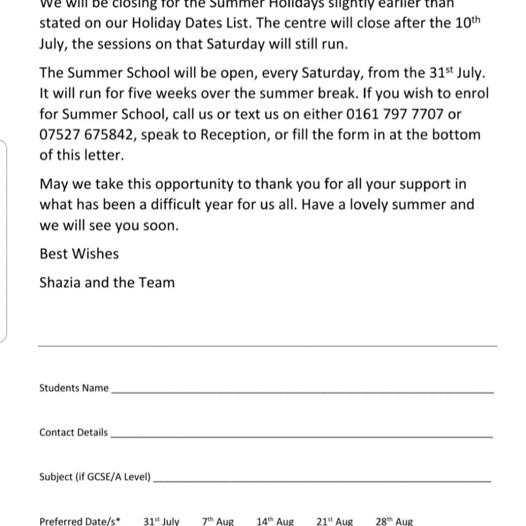 We would like to wish you all a lovely summer break and look forward to seeing you soon. A heartfelt thanks for all your support during what has been a difficult year for us all. To book in to summer school, Please read the letter below.