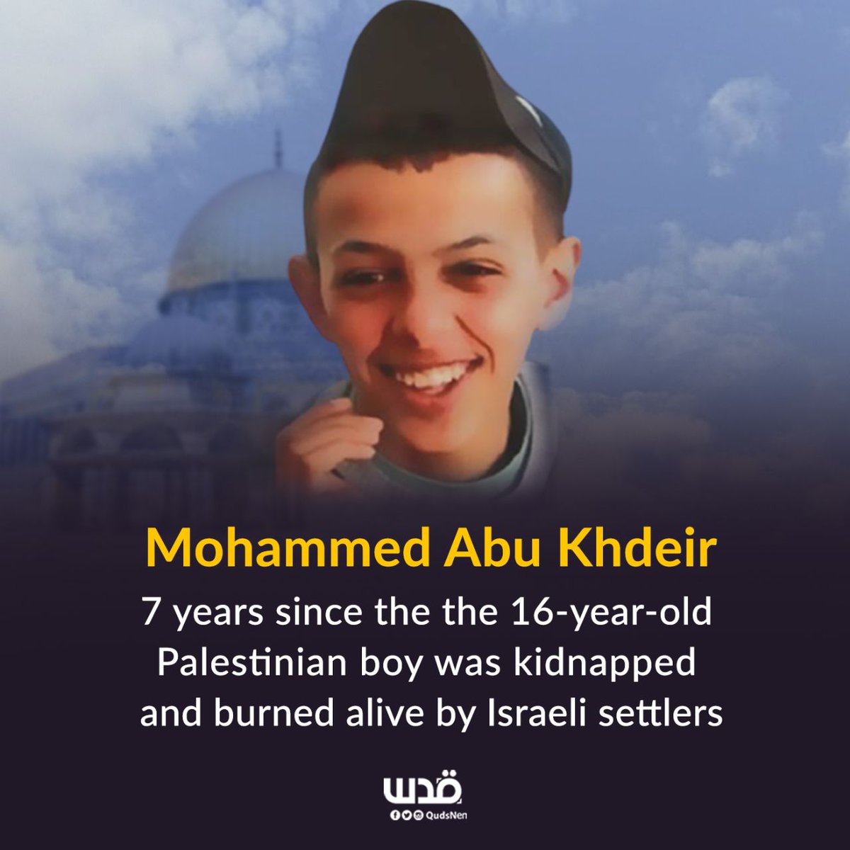 fakhrifadzli's tweet image. Pada hari seperti ini 7 tahun lepas Mohammed Abu Khdeir di Jerusalem diculik oleh penjajah Yahudi; didera, dipukul &amp;amp; dibakar hidup hidup. Peristiwa ini antara yang mencetuskan peperangan antara Israel - Hamas yang berlanjutan sehingga 7 minggu. #SavePalestine