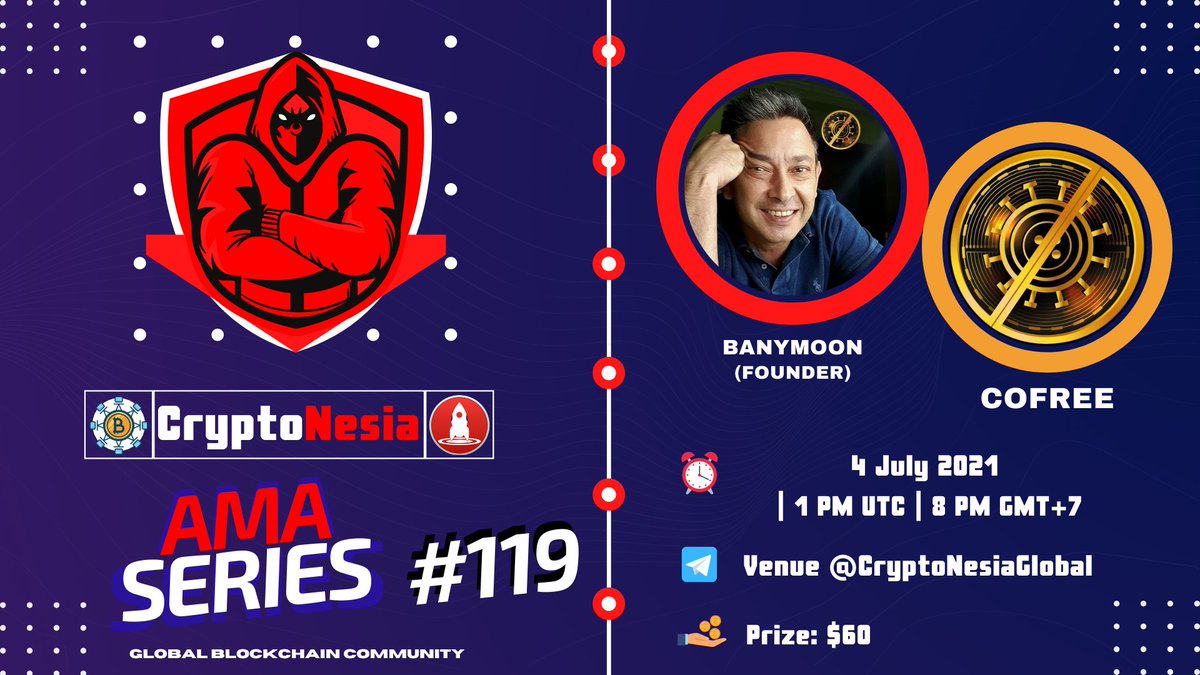 🔥 CryptoNesia will hold an AMA with CovidFree on 4 July 2021 at 1 PM UTC | 8 PM GMT+7.

Prize: $60 USDT

👉 t.me/CryptoNesiaCha… 👈

Rules:
1. Follow <a href="/covidfreetoken/">Covidfreetoken</a> &amp; <a href="/CryptoNesiaReal/">CryptoNesia - Berita Crypto Terbaru</a>
2. Like, Retweet, &amp; Send Your Question! Max 5 Questions!

#AMA #AMACRYPTO