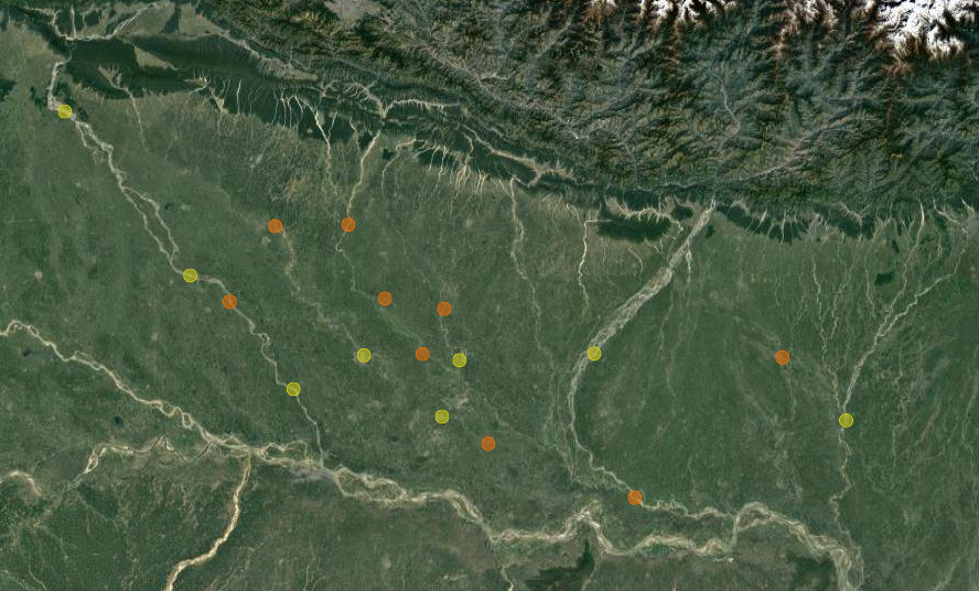 sharadcha1's tweet photo. Active #flood alerts for #Bihar appearing on Google Dashboard (Satellite view without labels). Table below on dashboard (https://t.co/rJd2aDU2iz) provides the details along with inundation by clicking of more info. @CWCOfficial_FF @CWCOfficial_GoI @ndmaindia @NDRFHQ @OfficeOfGSS https://t.co/8oNB3PxFaQ