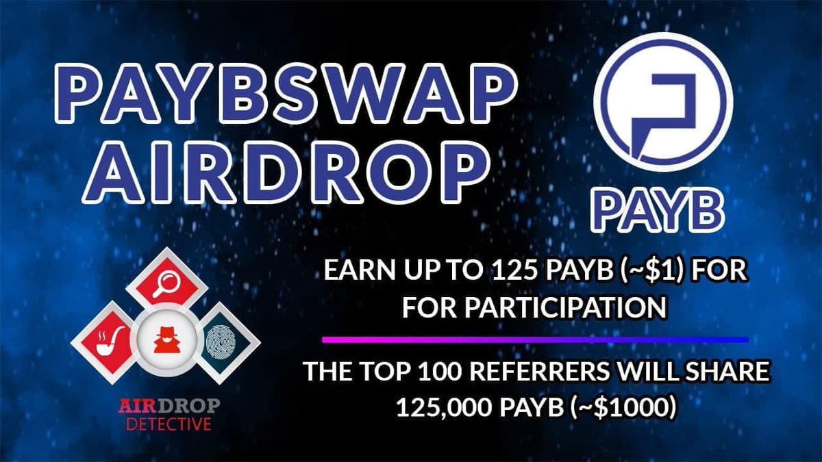 🔍 New #Airdrop: PaybSwap

💲 Reward: Up to 125 PAYB [~$1] +125K PAYB [~$1000] referral pool

🔴 Start the airdrop bot: t.me/PaybSwapAirdro…

🔘 Do the tasks on the bot &amp; submit your data.

🔘 Details: youtu.be/UHzXl1TqVE0

#PaybSwap #AirdropDetective #Bitcoin #crypto #PAYB