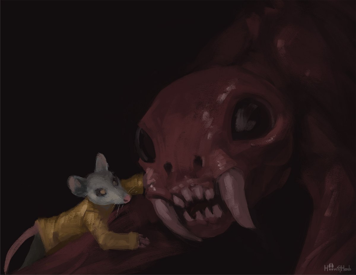 That's a good flesh creature. 

------------

Started making brush strokes on a black canvas until some usable shapes took hold. Fun quick little painting. Happy to bring the little possum back.