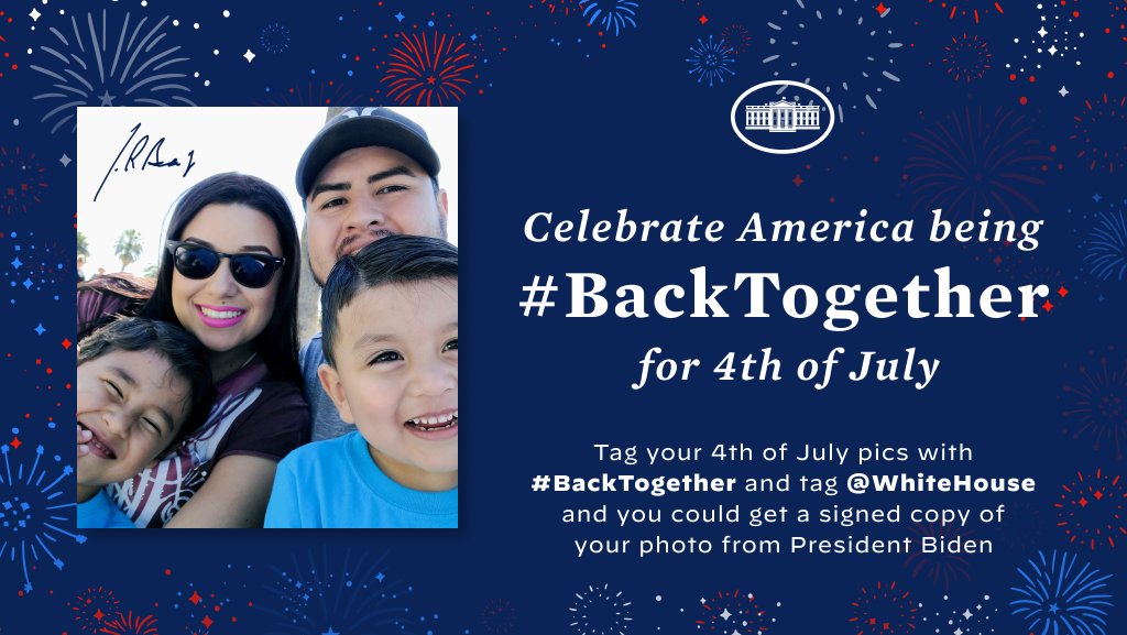 Folks, I couldn’t be happier or more proud to see Americans coming #BackTogether at BBQs and block parties across the country for Independence Day. 

Tag your 4th of July photos with #BackTogether and @WhiteHouse and you may get a signed copy of your 4th of July photo from me.