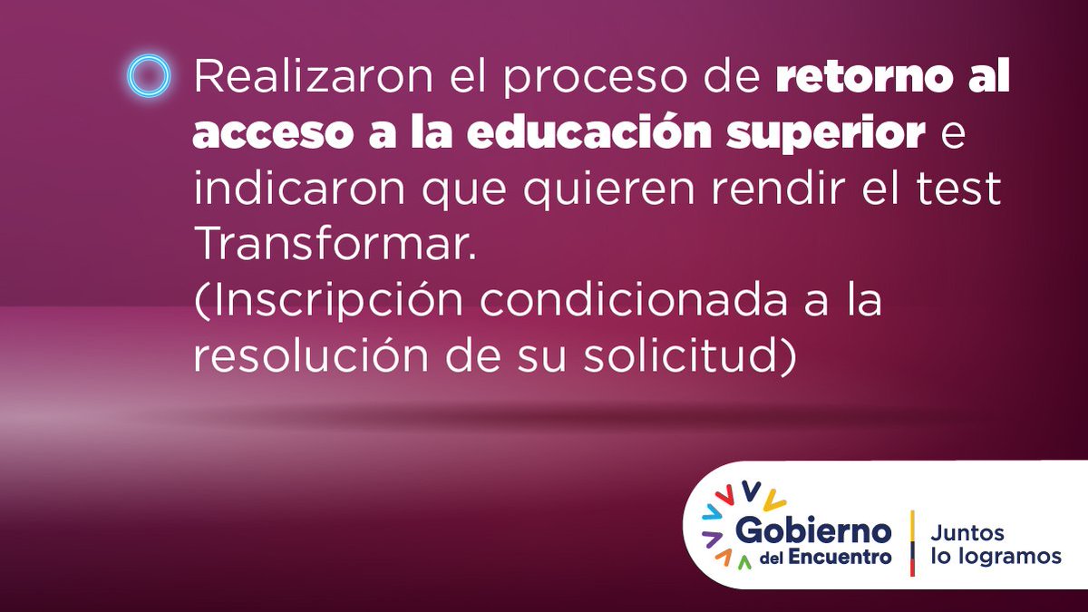 🗓️ Desde el mediodía del 7 de julio hasta las 23:30 del 11 de julio, inscríbete para rendir el test.

👀 Para hacerlo, asegúrate de:

1⃣ Llenar la ficha de registro

2⃣ Descargar, completar y cargar la encuesta de factores asociados

📌 Ingresa en 👉 transformar.senescyt.gob.ec