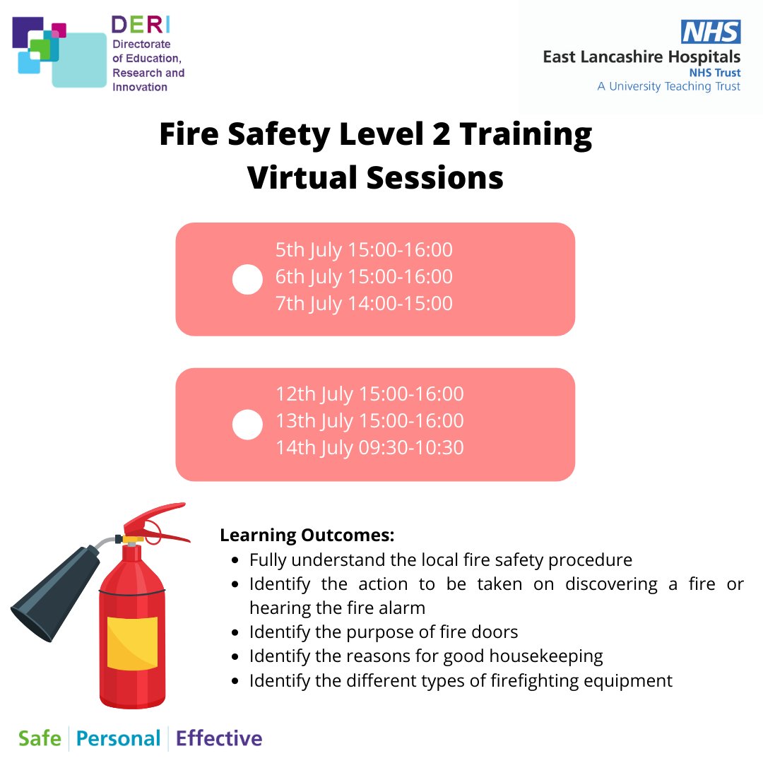 ELHT_DERI's tweet photo. Fire Safety Training Level 2 is part of all colleagues' Required Learning on Learning Hub. 

To become compliant, you can complete one of these virtual sessions or watch the training video; You can select your option using this link - https://t.co/keDSjsz0Bz

#ELHT #NHS https://t.co/qRcyOeBhHp