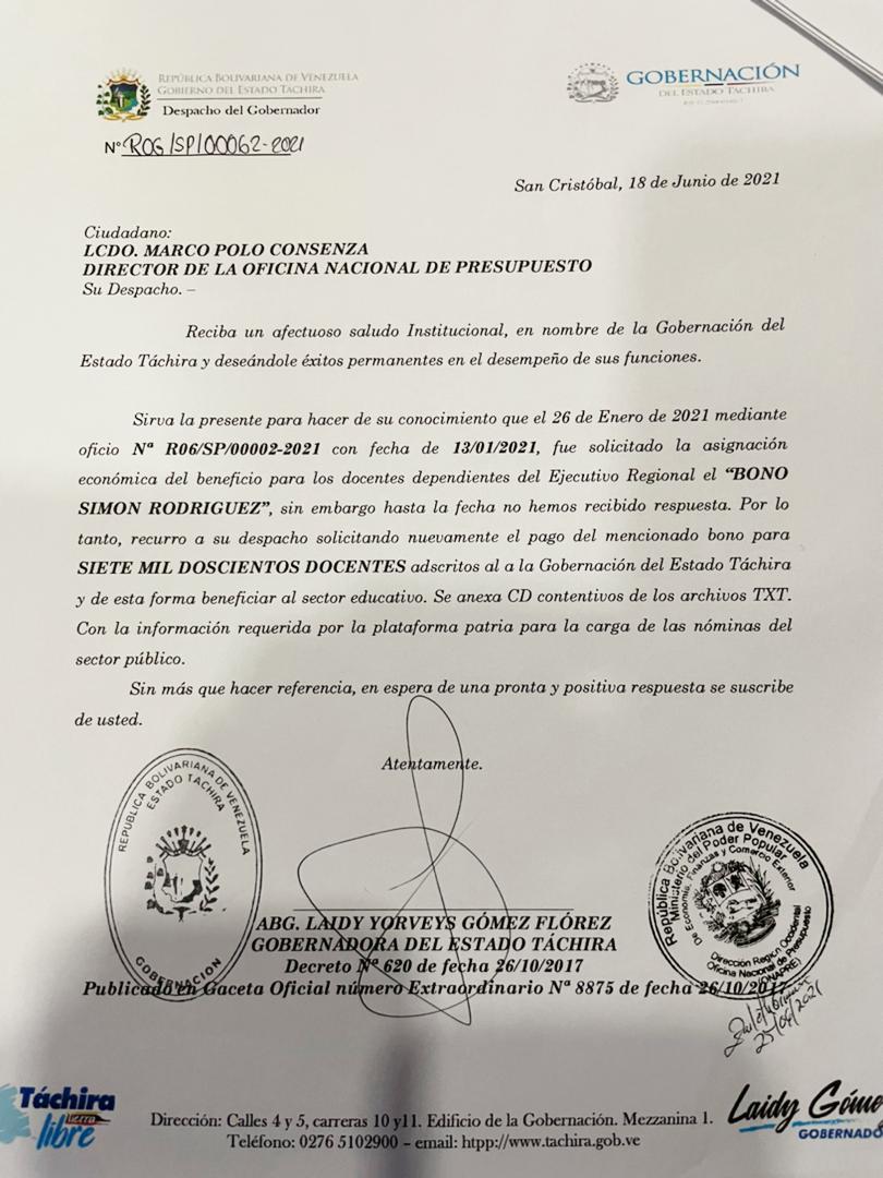 DirEduTachira's tweet photo. Gobernadora Laidy Gómez ha sido consecuente con la exigencia al gobierno nacional al exigir que los educadores dependientes del ejecutivo regional le sean cancelado los bonos Simón Rodríguez y el recientemente aprobado de Alimentación y Transporte. https://t.co/yRo9Dt56fV