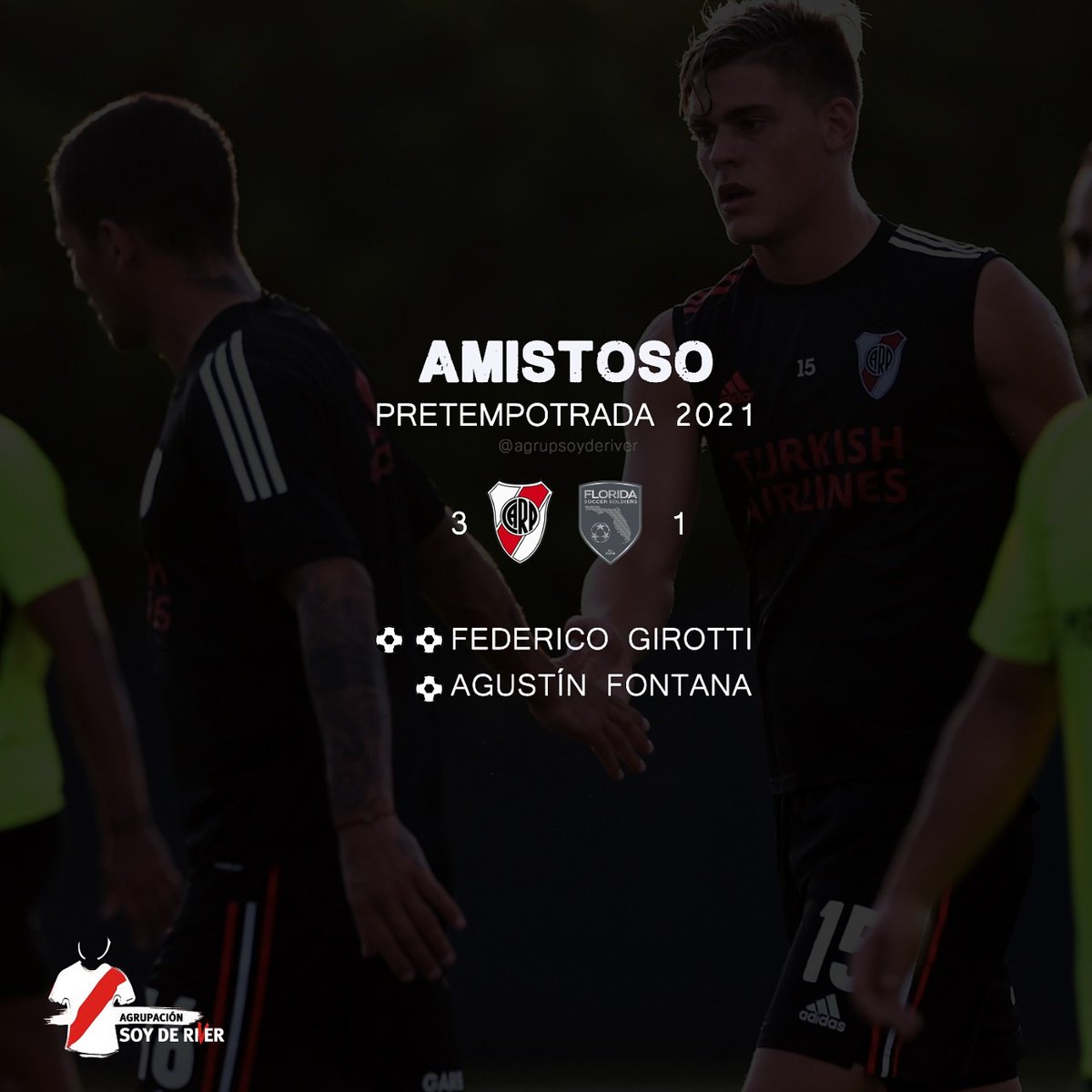 movsoyderiver's tweet photo. 𝗚𝗔𝗡𝗢 𝗥𝗜𝗩𝗘𝗥
En su segundo amistoso de pretemporada, el Millonario se impuso por 𝟯 𝗮 𝟭 ante Florida Soldiers.
•
𝗚𝗢𝗟𝗘𝗦
⚽⚽ Federico Girotti
⚽ Agustín Fontana
•
⚽ Descontó para el rival Francisco Aguirre de penal.
•
#soyderiver #siempre #juntossomosmasgrandes https://t.co/bnX2DyfhSw