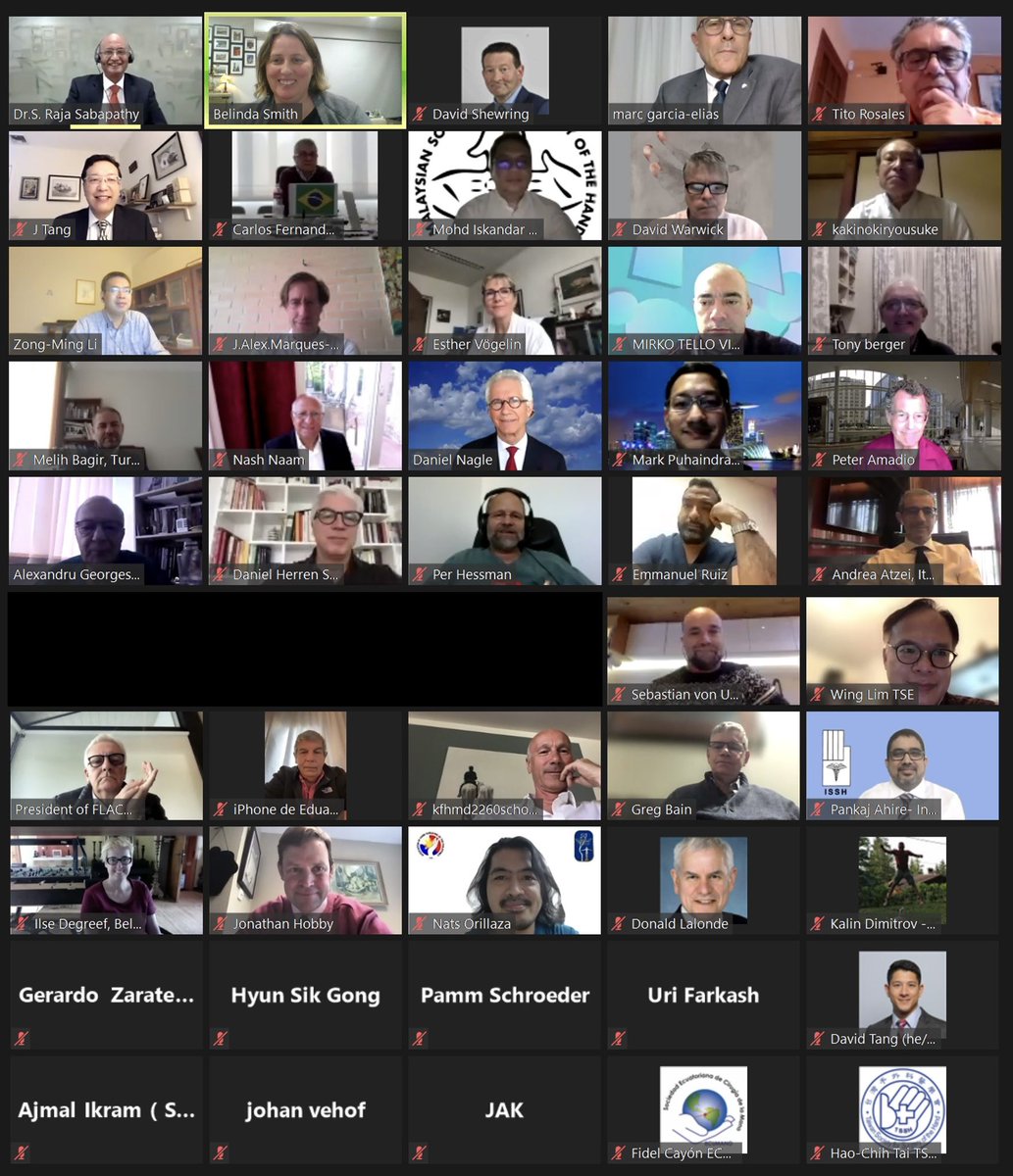 IFSSHand's tweet photo. An amazing global presence at the 2021 IFSSH Delegates’ Council Meeting today. Representatives from our ExCo, 60 societies and 5 Allied Organisations attended from Europe, Africa, Asia, North America and South America. Lots of news to follow! #HandSurgery #HandFacts https://t.co/nkArEUlWh9