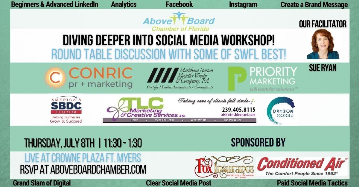 AboveBoardFL's tweet photo. The Above Board Chamber of Florida presents Lee County: Diving Deeper into Social Media Workshop! Learn from nine of SWFL top Marketing Companies/experts how to be better at social media and attract more Clients! https://t.co/6LbDCBVGaK https://t.co/VsnanzJGSu