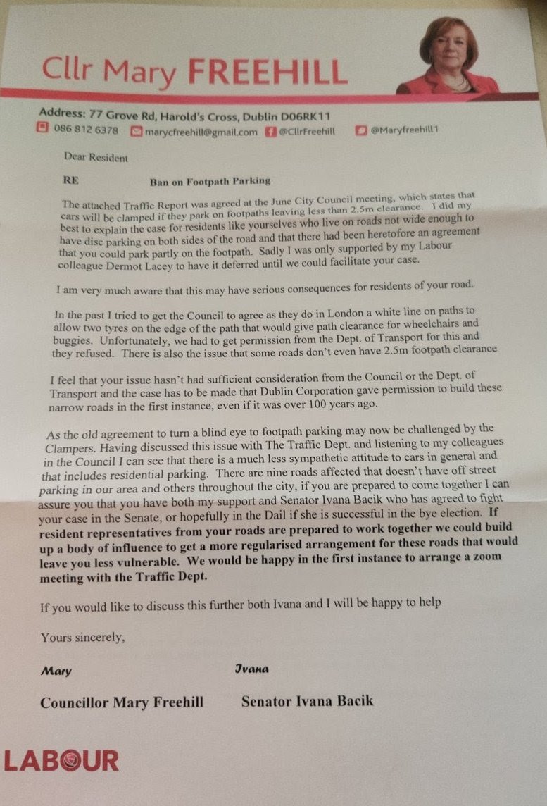 Do you know what group of people are severely underrepresented in the Dáil?

Dublin 6 residents who park their cars on footpaths.

Vote for me and I will fight to defend these people from wheelchair users, walkers and anyone who just wants "a more sympathetic attitude to cars".