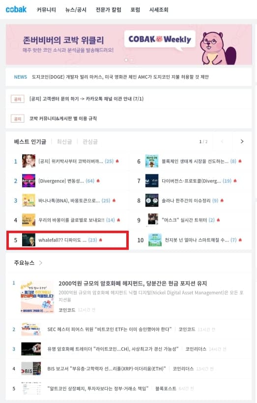whalefall_WHALE's tweet photo. Following yesterday, today, the article about Whale Fall is ranked in the top 5 popular articles in Korea's largest community Cobak.
#defi #bitcoin #ethereum #memecoin #ripple #pancakeswap #robinhood #gamestop #binance #bsc #binancesmartchain #whalefall https://t.co/uiF21VPsLk