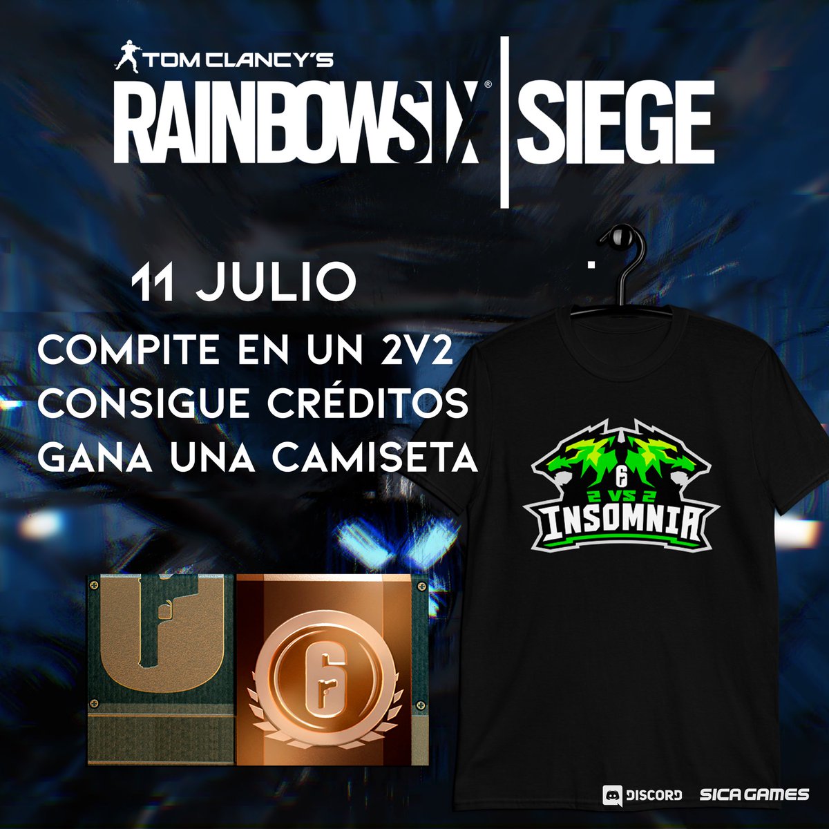 💥Ya te puedes inscribir en el 2º Insomnia 2V2 para el 11 de Julio, si aún no tienes pareja puedes buscar compañero en nuestro Discord.

📝forms.gle/NizZ3YF6BYoR1T…

#sicagames #RainbowSixSiege #esports #insomnia2v2 #gamer #gaming #gamergirl #r6 #discord