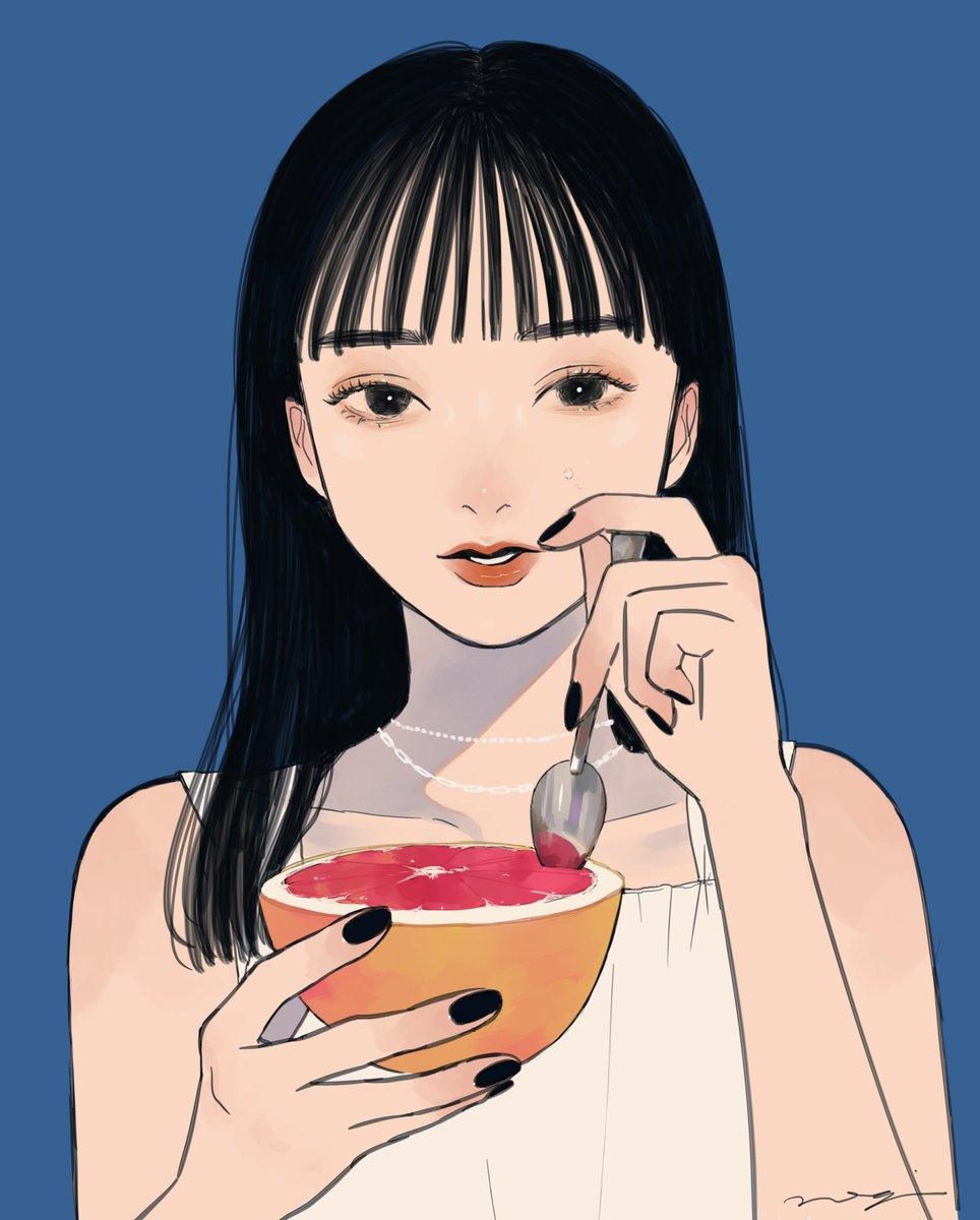 1girl solo black hair spoon holding spoon black eyes black nails  illustration images