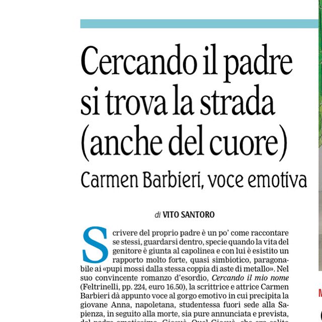 Sulla <a href="/LaGazzettaWeb/">La Gazzetta del Mezzogiorno</a> racconto il convincente esordio di Carmen Barbieri: Cercando il mio nome <a href="/feltrinellied/">Feltrinelli Editore</a>