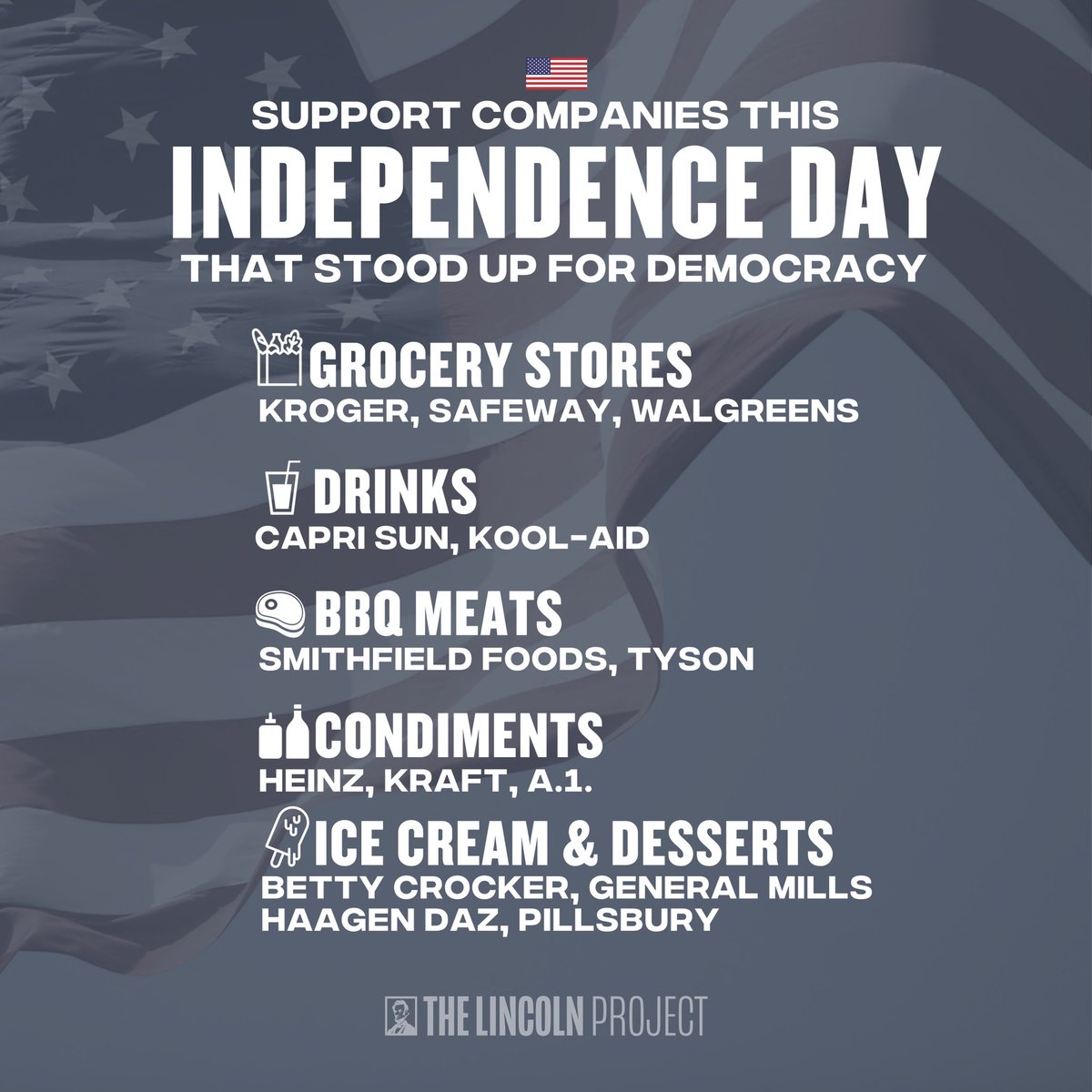 Doing a little last-minute #4thofJuly BBQ shopping? We’ve got you covered with our pro-democracy grocery list — featuring companies who kept their promise to stop contributions to GOP officials who pushed the Big Lie. 🍔🌭🍦