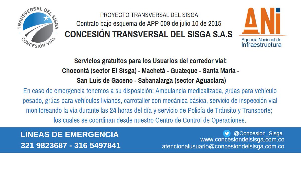 Concesion_Sisga's tweet photo. #SisgaAlDía Estamos listos para acompañarlo, tenga siempre presente nuestros números de atención de emergencias 3219823687 – 3165497841. @WazeCo @numeral767 https://t.co/N7AAITn6hn