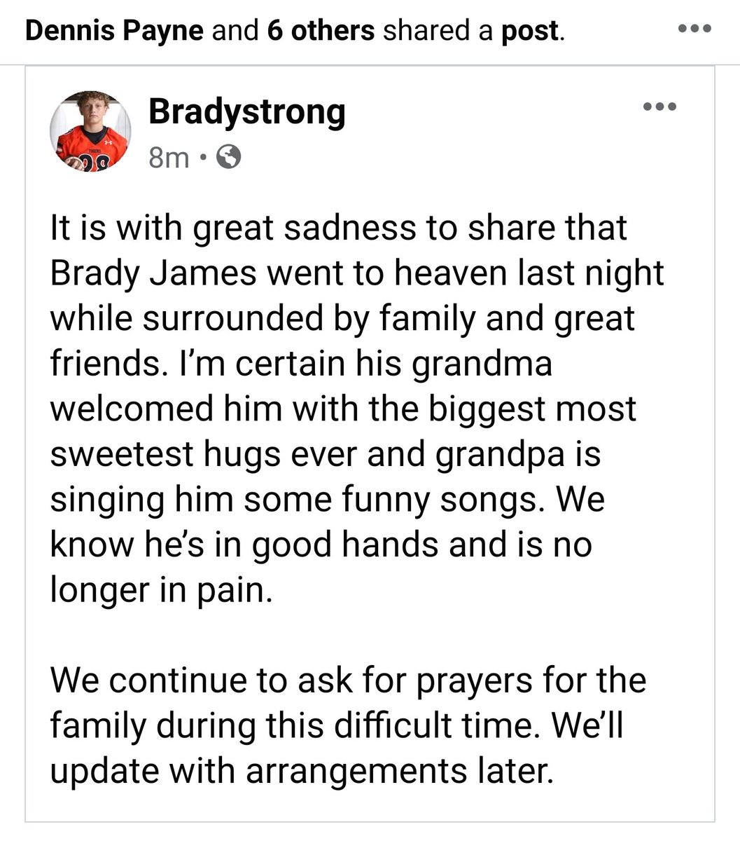 lhstigercoach's tweet photo. I am devastated to report that we lost #28 Brady Gabbard last night to cancer. Please keep his family, Lawrenceburg schools, the community &amp; our football program in your thoughts &amp;  prayers. Rest easy young man, we love ya. https://t.co/uwXnlZKKuD