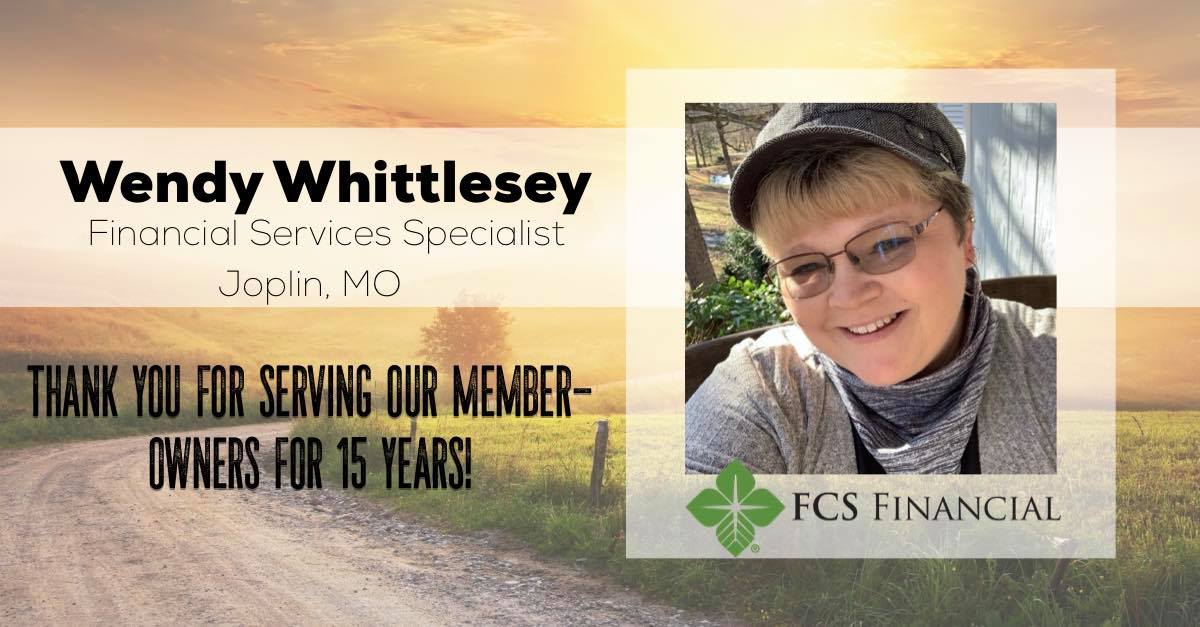 FCSFinancial's tweet photo. Wendy Whittlesey, FSS in our Joplin branch celebrates 15 years with FCS Financial today. Thanks for all you do Wendy! #ServiceAnniversary #TeamFCSF #Agriculture https://t.co/BC2cM4PlLl
