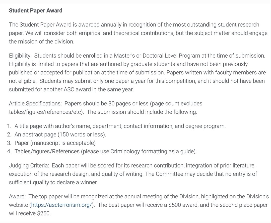 ASC Division on Terrorism & Bias Crimes (@ascterrorism) on Twitter photo DTBC is also seeking nominations for the Annual Student Paper Award! All nominations should be sent to ascdtbc@gmail.com by August 6, 2021 and awardees will be notified by September 15, 2021! #IsItNovemberYet #ASC2021 DTBC is also seeking nominations for the Annual Student Paper Award! All nominations should be sent to ascdtbc@gmail.com by August 6, 2021 and awardees will be notified by September 15, 2021! #IsItNovemberYet #ASC2021