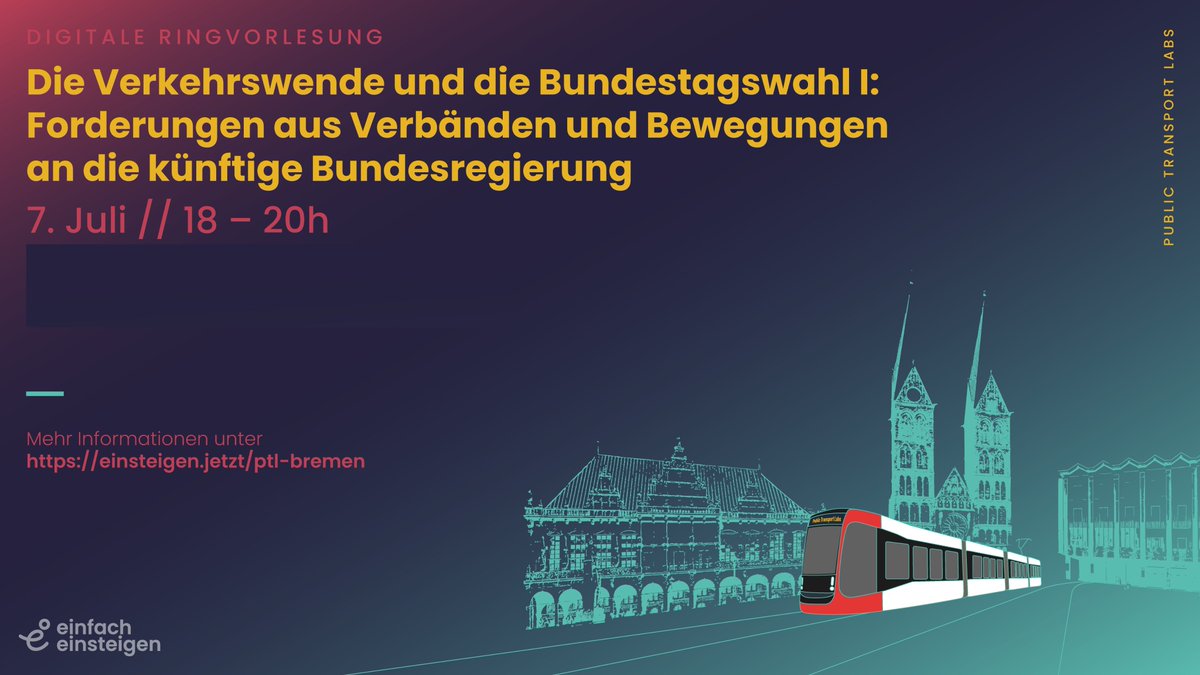 New Header!
Denn am 07.07. findet Podiumsdiskussion 1 statt. Mit dabei sind <a href="/izzyBerlijn/">Isabell Eberlein</a>, Philipp Kosok von der 
<a href="/agoraverkehr/">Agora Verkehrswende</a>, <a href="/helenamarschalI/">Helena Marschall</a> von FFF, Kerstin Haarmann vom <a href="/VCDeV/">VCD</a>  und Wolfgang Geißler von Einfach Einsteigen. 
Sei dabei!
Infos: einsteigen.jetzt/ptl/universita…
