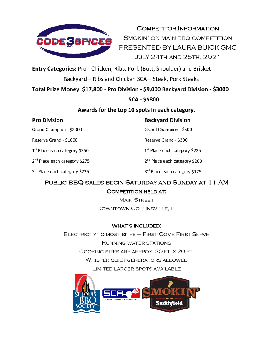 Our next contest after the Dexter Grille it Up will Smok'n on Main in downtown Collinsville, IL on July 24th and 25th.

This contest is hosting a SLBS Pro-Series and Backyard series contests as well as an SCA Steak Cookoff.

buff.ly/3hAehRE

#slbs #stlbbq