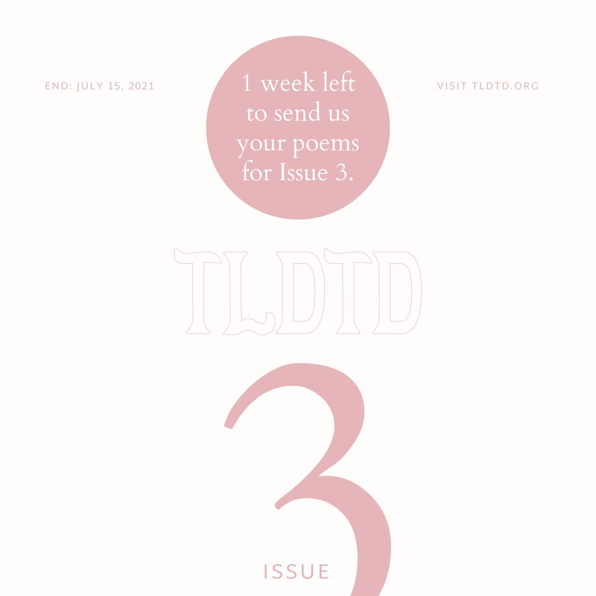 Poets, you have a week left to send us your work for our third issue! 📣

Filipino poets writing in any Filipino language and in English are welcome to submit. Visit tldtd.org/submit to read our guidelines. 

Deadline: Thursday, July 15, 2021.