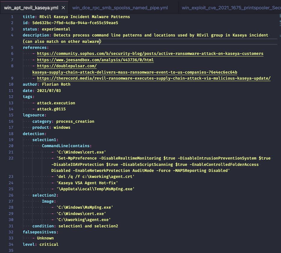 Sigma rule for some of the process command line patterns and file paths used by REvil in the #KaseyaVSA incident

github.com/SigmaHQ/sigma/…