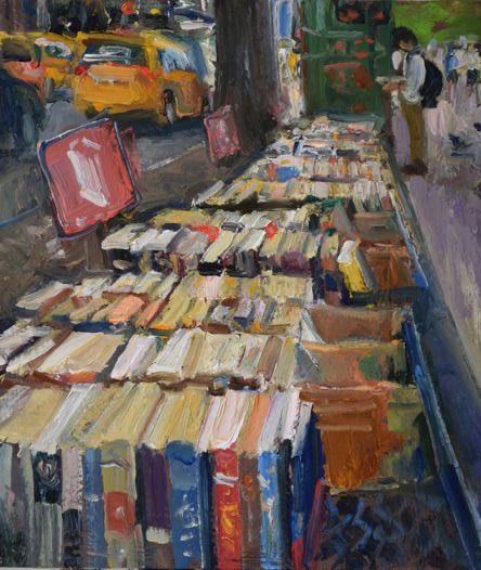 HWarloww's tweet photo. ‘Books For Sale’ NYC by Duane Keiser Oil on Canvas.  He’s based in Richmond Virginia and tries to complete a painting  every day.  He disciplines himself to do this and then put it on EBay to sell https://t.co/3yeCSXR9WW